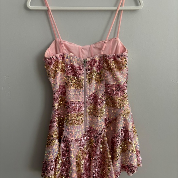 Dolls Kill Get Spacey Sequin Mini Dress Pink and Gold - Picture 2 of 6